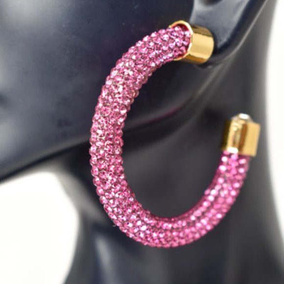 1.75" Boho Fuchsia Pave Rhinestones Hoop Earrings - Picture 11 of 12